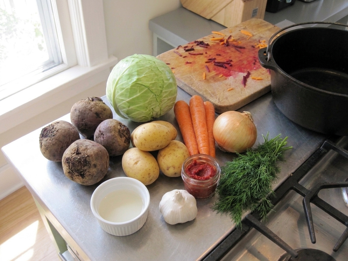 Whole beets, green cabbage, potatoes, carrots, onion, garlic, tomato paste, dill, and a small bowl of vinegar arranged on a kitchen counter