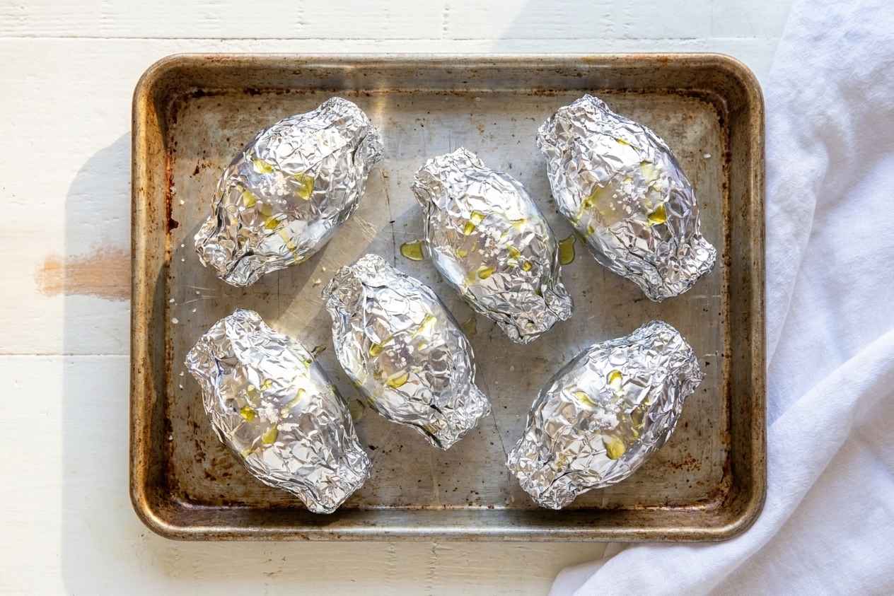 Whole beets wrapped in aluminum foil on a baking sheet ready to roast in a home oven