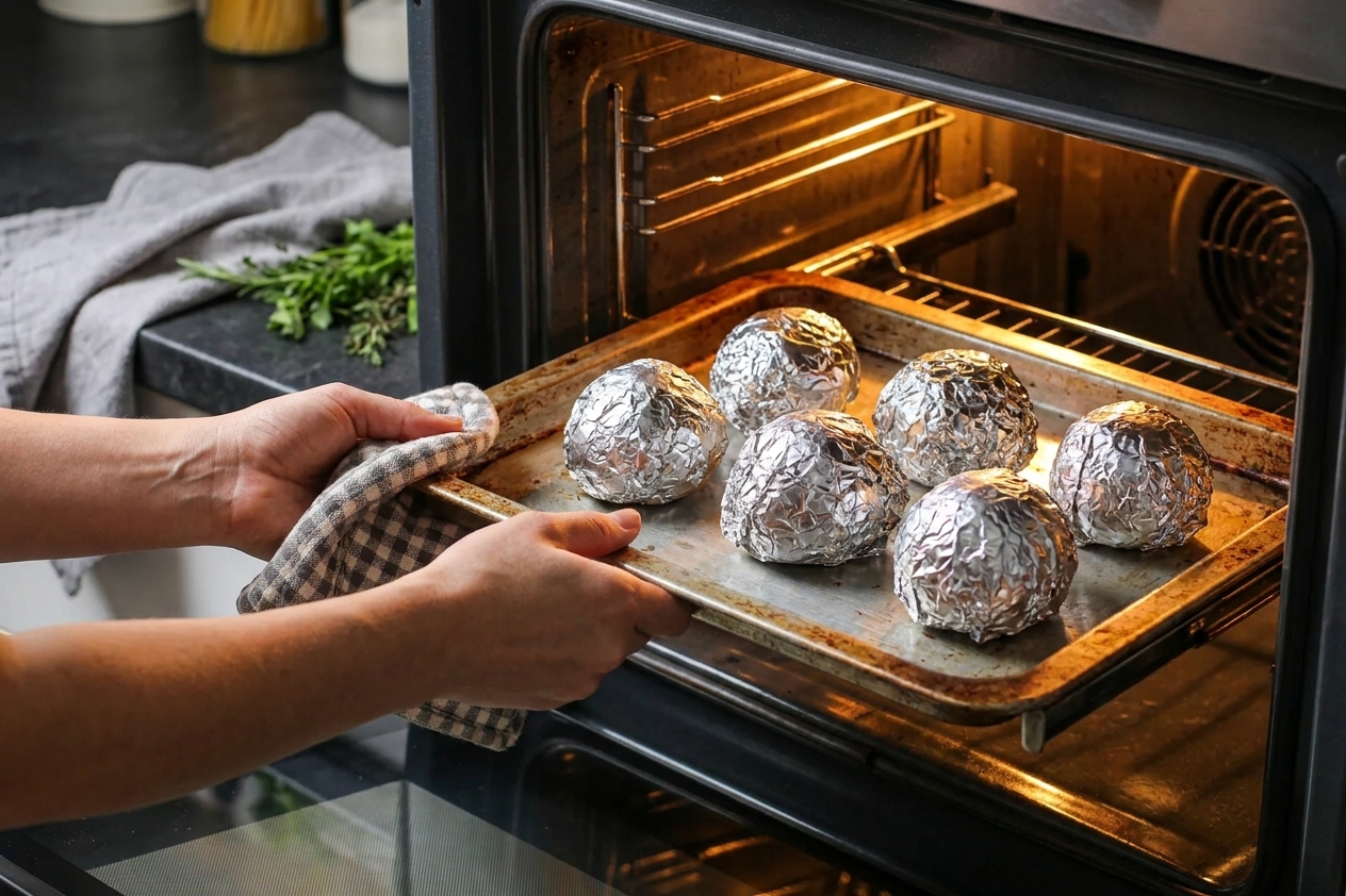 Whole beets wrapped in foil on a rimmed baking sheet going into an oven, warm kitchen lighting