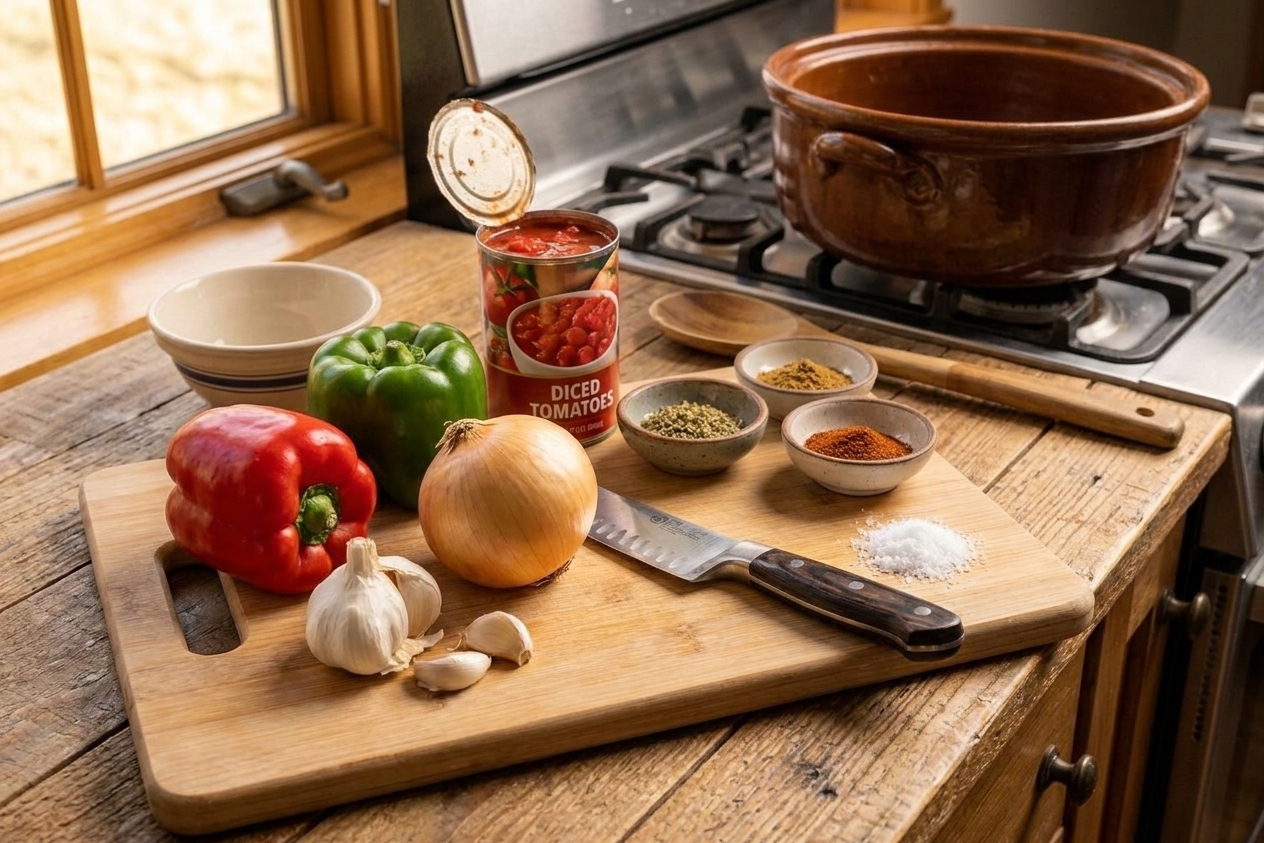Whole bell peppers, a yellow onion, garlic, canned tomatoes, and seasonings arranged on a kitchen counter ready for soup prep