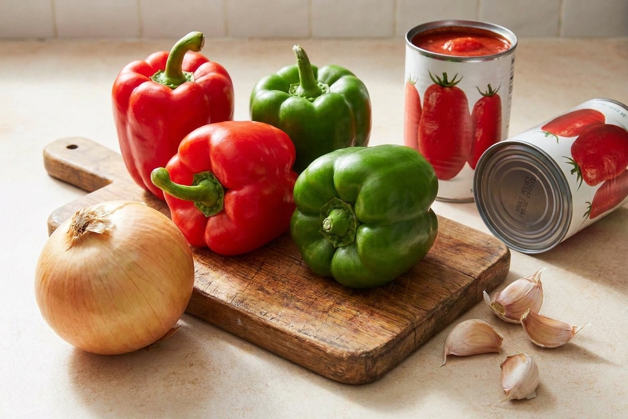 Whole bell peppers, a yellow onion, garlic cloves, and canned tomatoes arranged on a light kitchen counter with a cutting board