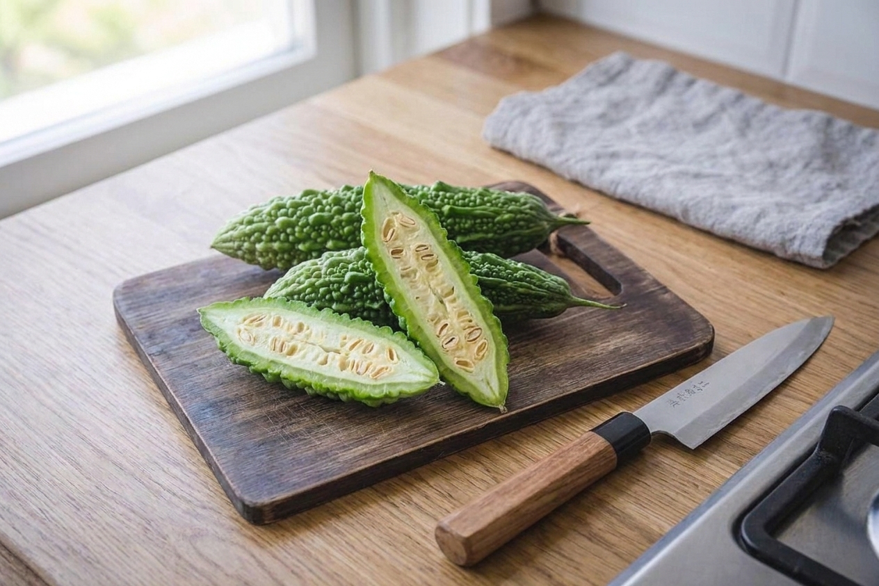 Whole bitter melons and a halved bitter melon on a wooden cutting board on a bright kitchen counter, with a chef's knife nearby