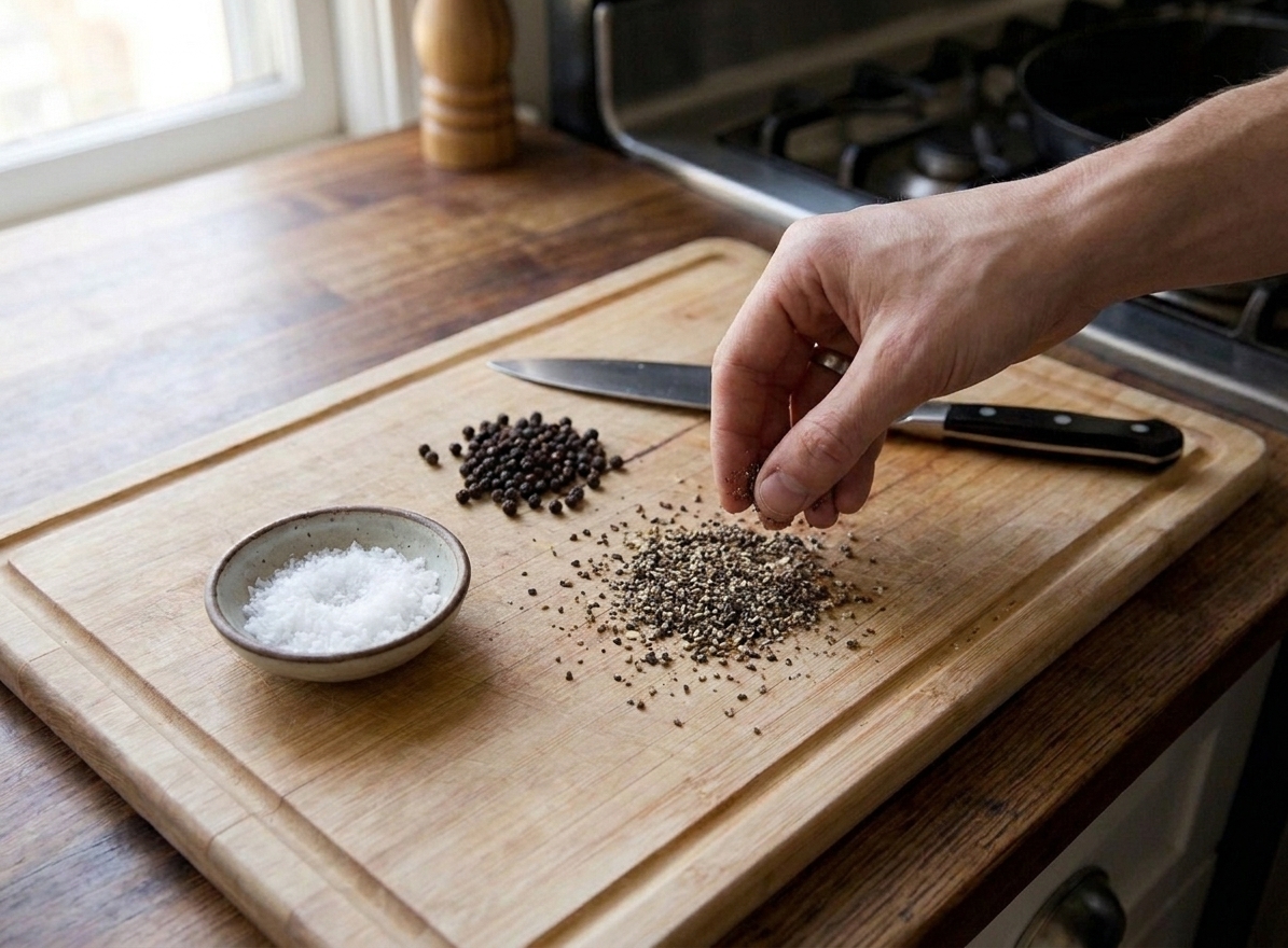 Whole black peppercorns and coarsely cracked pepper on a wooden cutting board beside a chef knife and a small bowl of salt