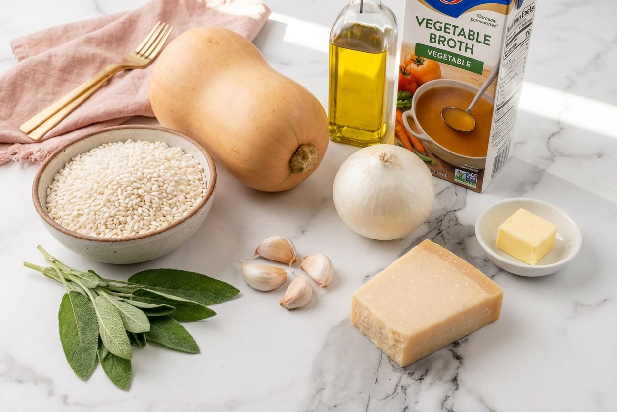 Whole butternut squash, arborio rice, onion, garlic, Parmesan, butter, olive oil, sage, and a carton of broth arranged on a clean kitchen counter in natural light