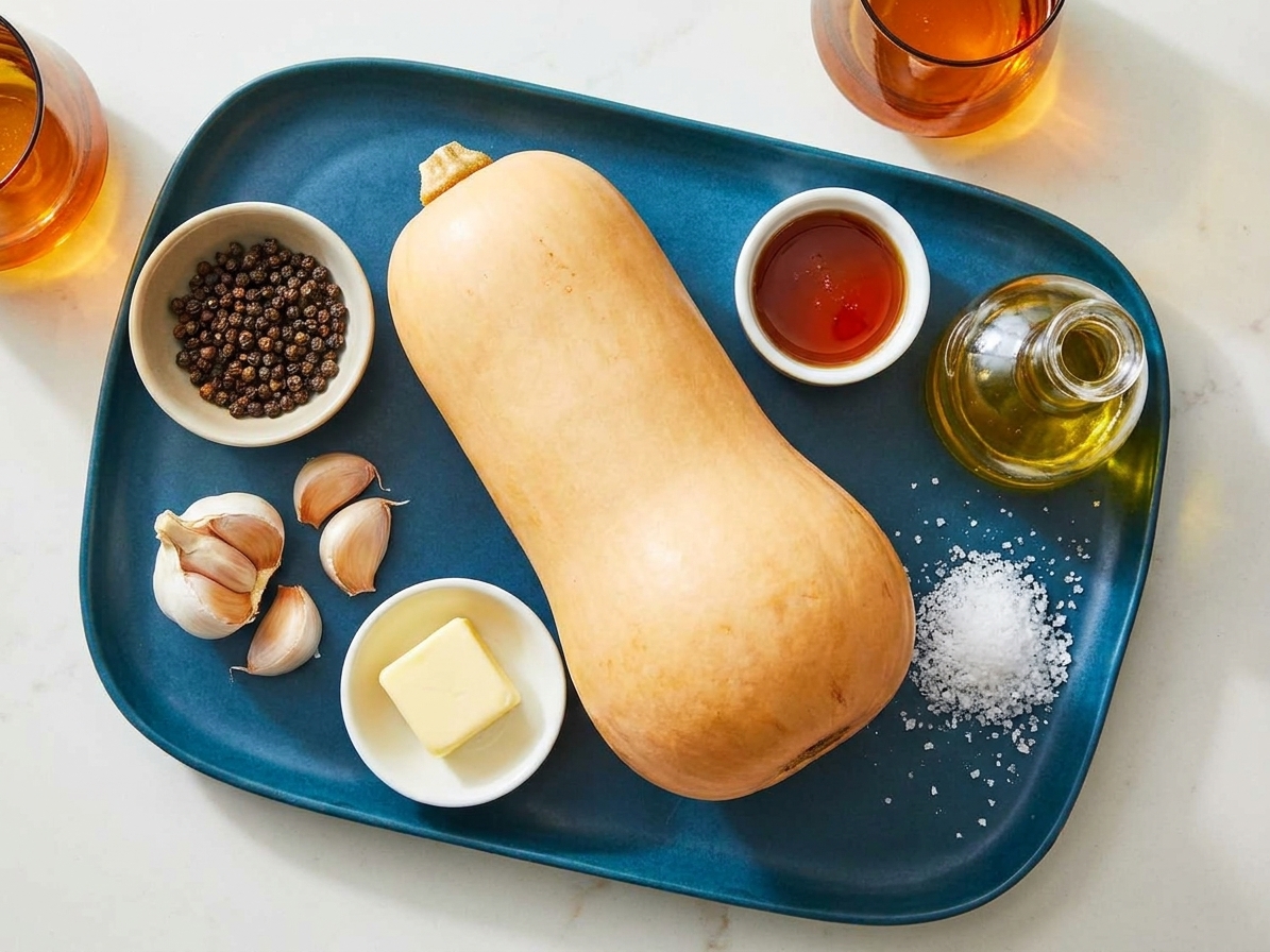 Whole butternut squash, black peppercorns, garlic, butter, maple syrup, kosher salt, and olive oil arranged on a light kitchen countertop