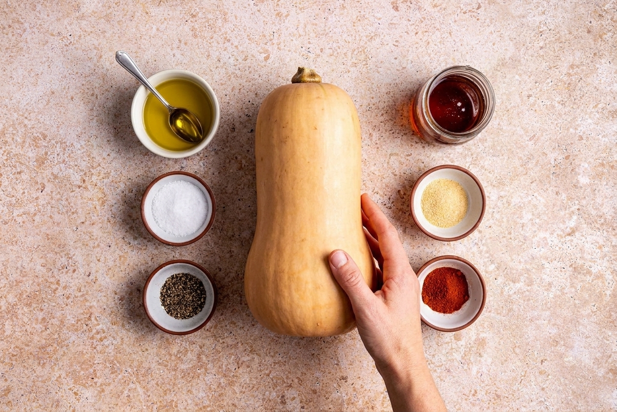 Whole butternut squash, olive oil, kosher salt, black pepper, garlic powder, smoked paprika, and maple syrup arranged on a light kitchen counter