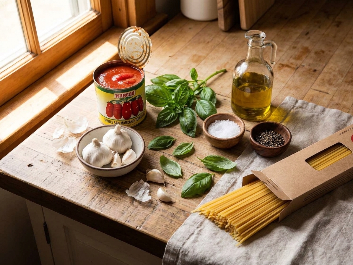 Whole canned San Marzano tomatoes, garlic cloves, fresh basil, olive oil, salt, pepper, and a box of spaghetti arranged on a tidy kitchen counter with warm natural light