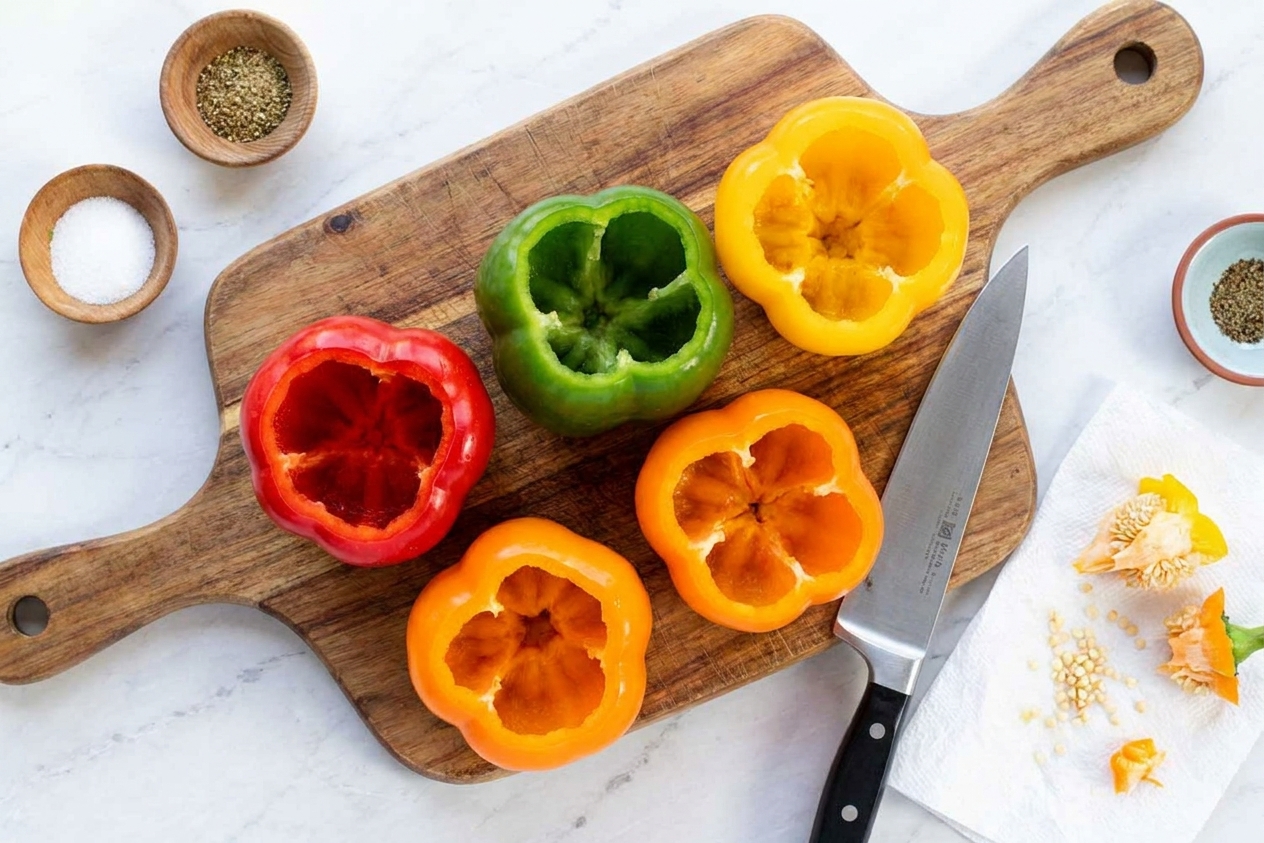 Whole capsicums with tops cut off and seeds removed on a cutting board, with a knife and paper towel nearby