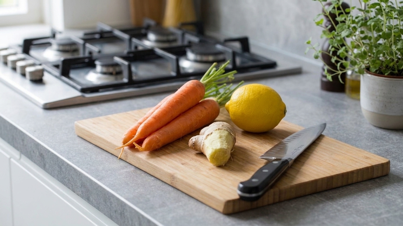 Whole carrots, a piece of fresh ginger, and a lemon arranged on a cutting board on a home kitchen counter