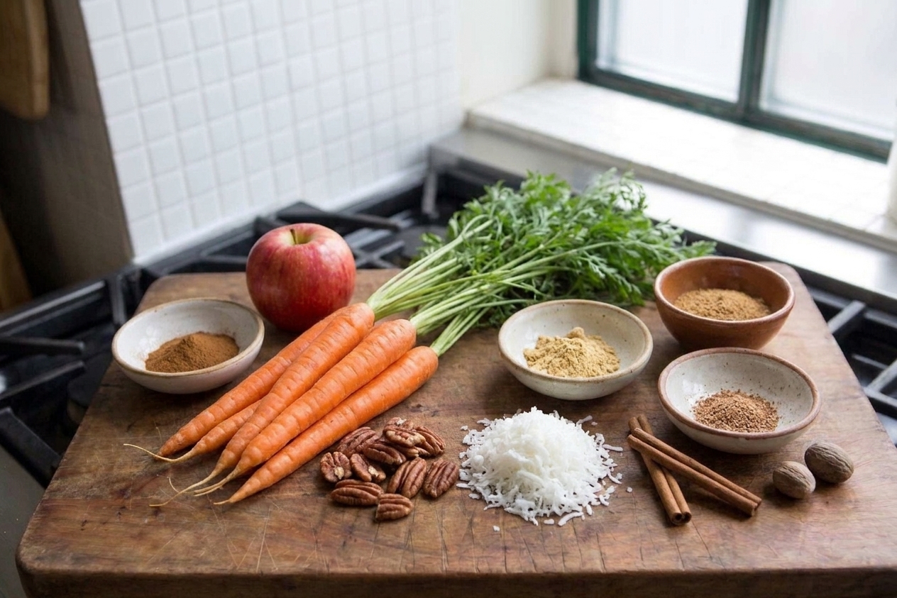 Whole carrots, an apple, pecans, and shredded coconut arranged on a counter with small bowls of spices