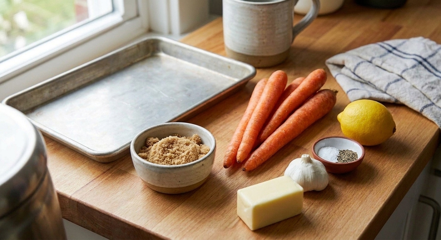 Whole carrots, brown sugar, butter, garlic, lemon, salt, and pepper arranged on a light kitchen counter with a baking sheet nearby