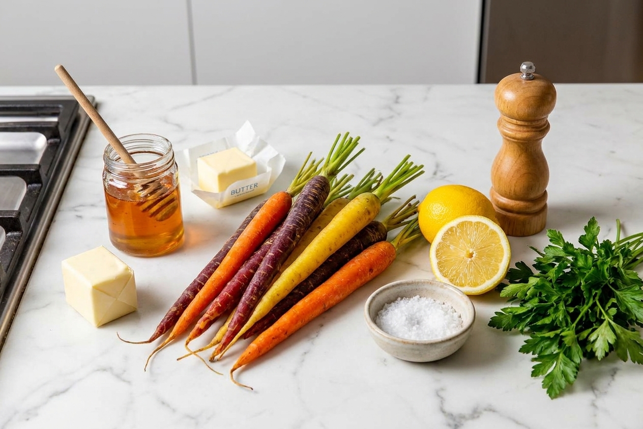 Whole carrots, butter, honey, lemon, salt, pepper, and parsley arranged on a light kitchen counter