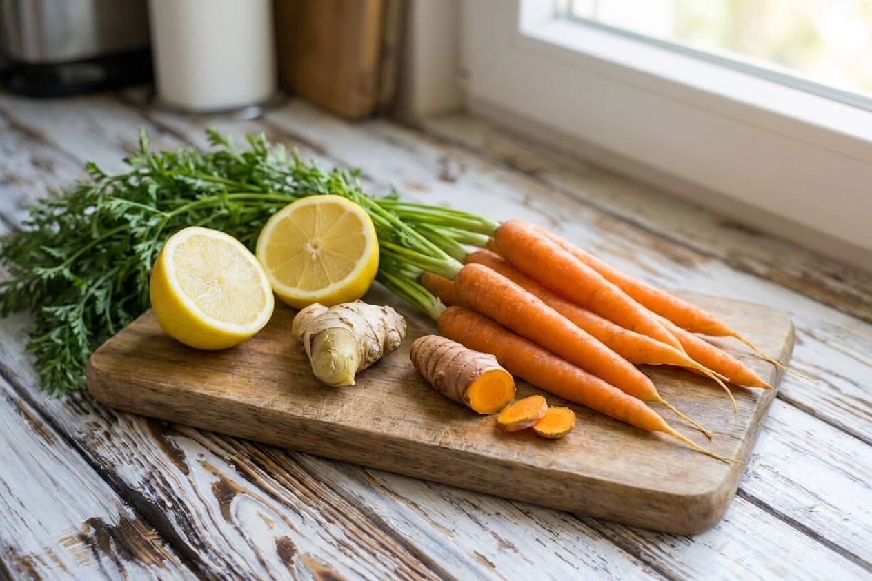 Whole carrots, fresh ginger, fresh turmeric, and a halved lemon arranged on a wooden cutting board on a clean kitchen counter