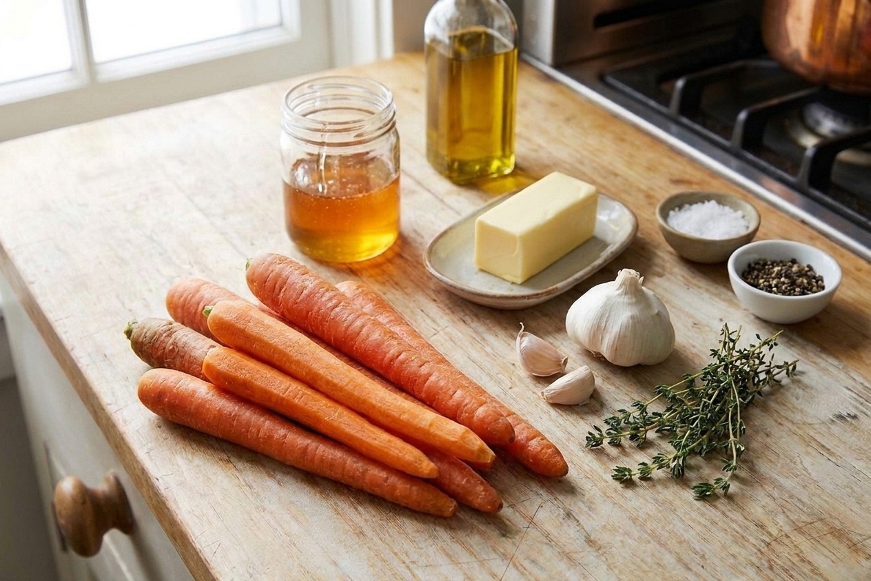 Whole carrots, honey, butter, garlic, thyme, olive oil, salt, and pepper arranged on a light kitchen counter in bright natural light