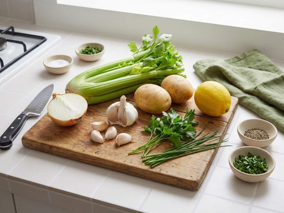 Whole celery bunch, onion, garlic, potato, lemon, and herbs arranged on a clean kitchen counter in bright natural light