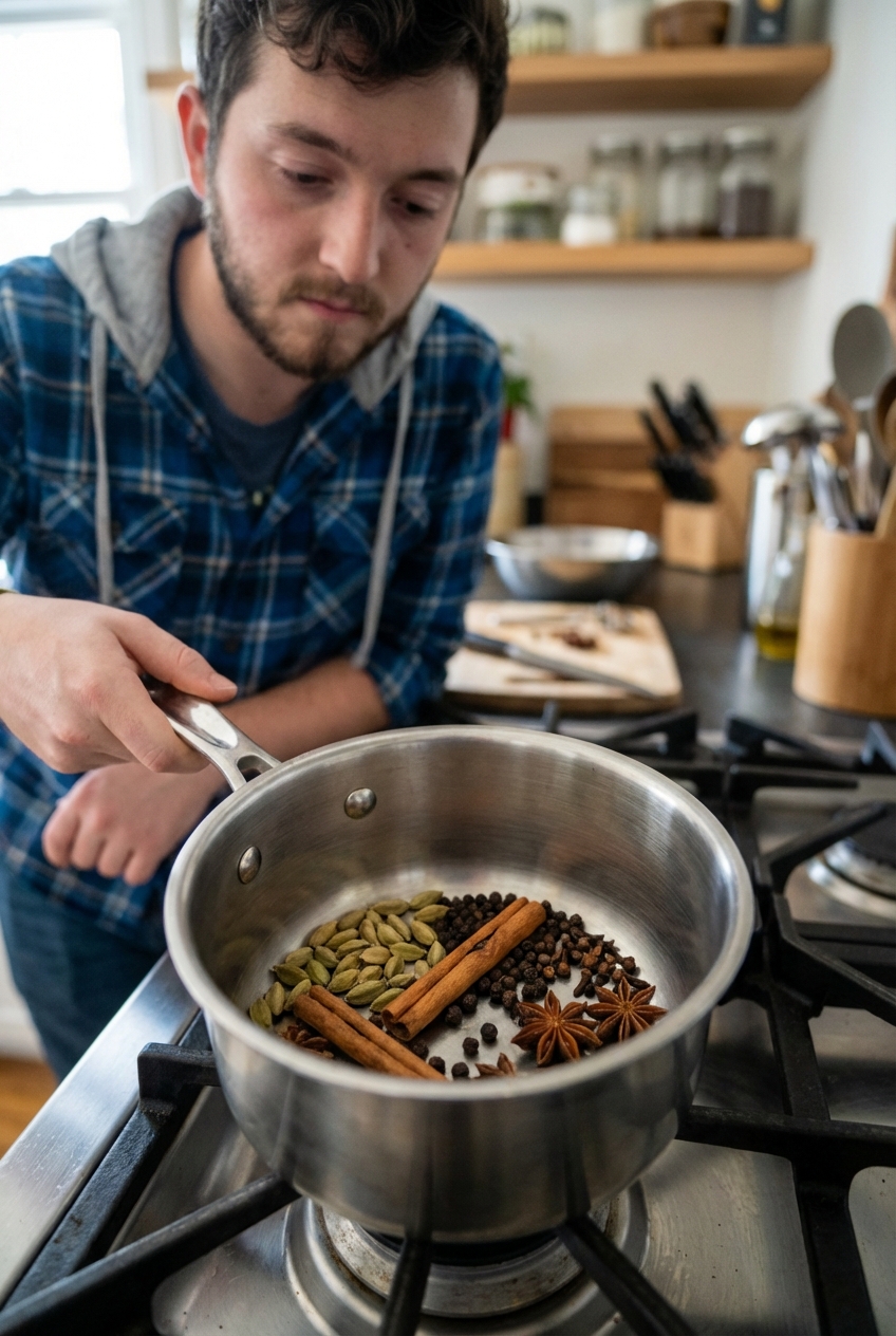 Whole chai spices in a small saucepan before simmering