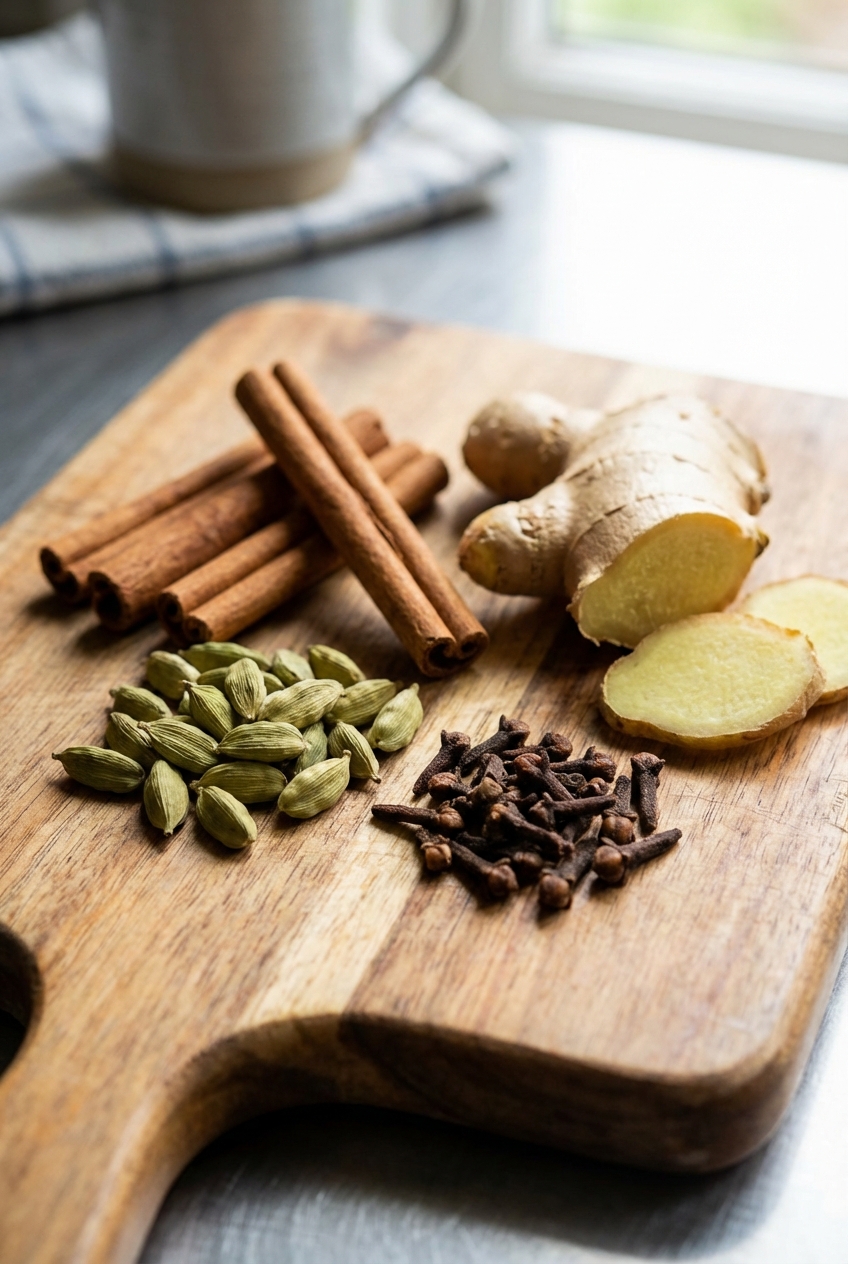 Whole chai spices including cinnamon sticks, cardamom pods, cloves, and ginger on a cutting board
