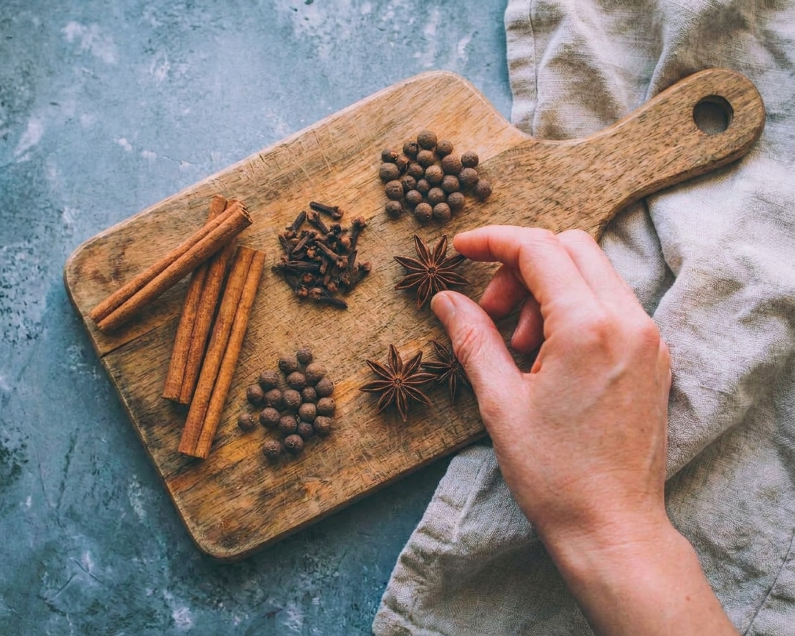 Whole cinnamon sticks, cloves, allspice berries, and star anise arranged on a wooden cutting board in a home kitchen
