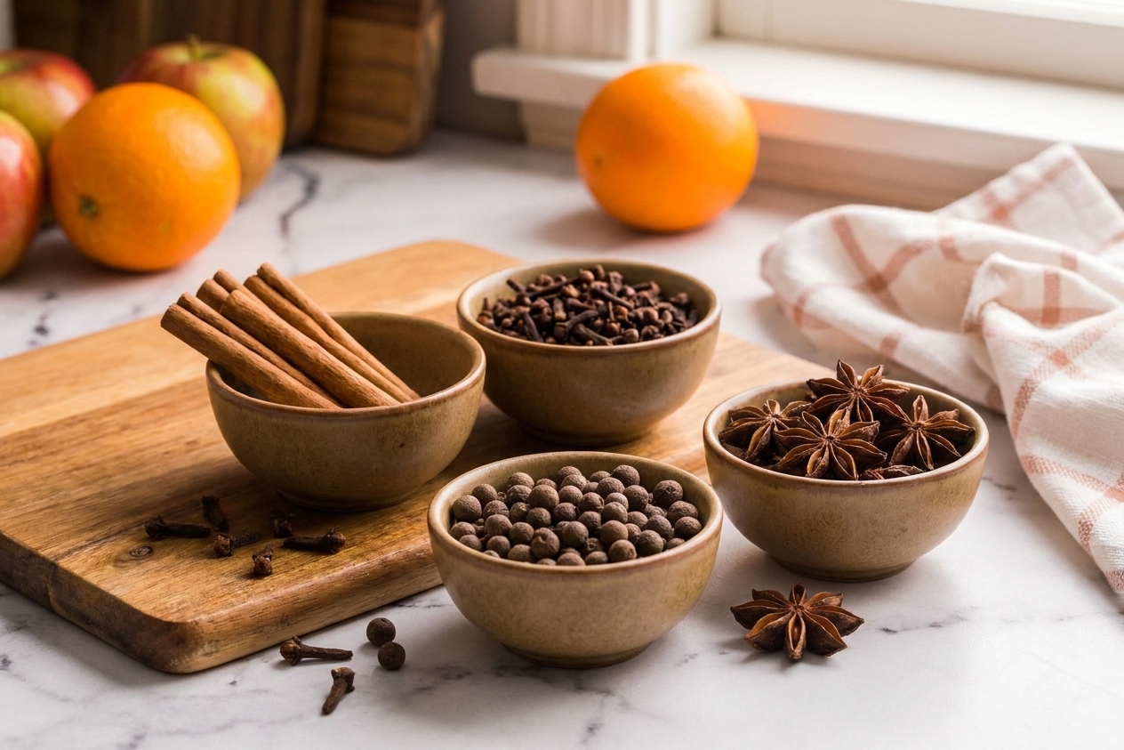 Whole cinnamon sticks, cloves, allspice berries, and star anise arranged in small bowls on a kitchen counter