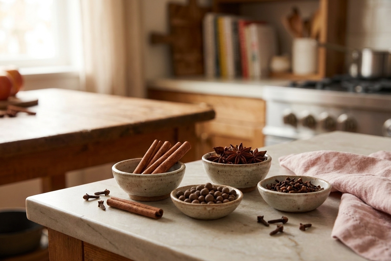 Whole cinnamon sticks, star anise, allspice berries, and cloves arranged in small bowls on a light stone kitchen counter