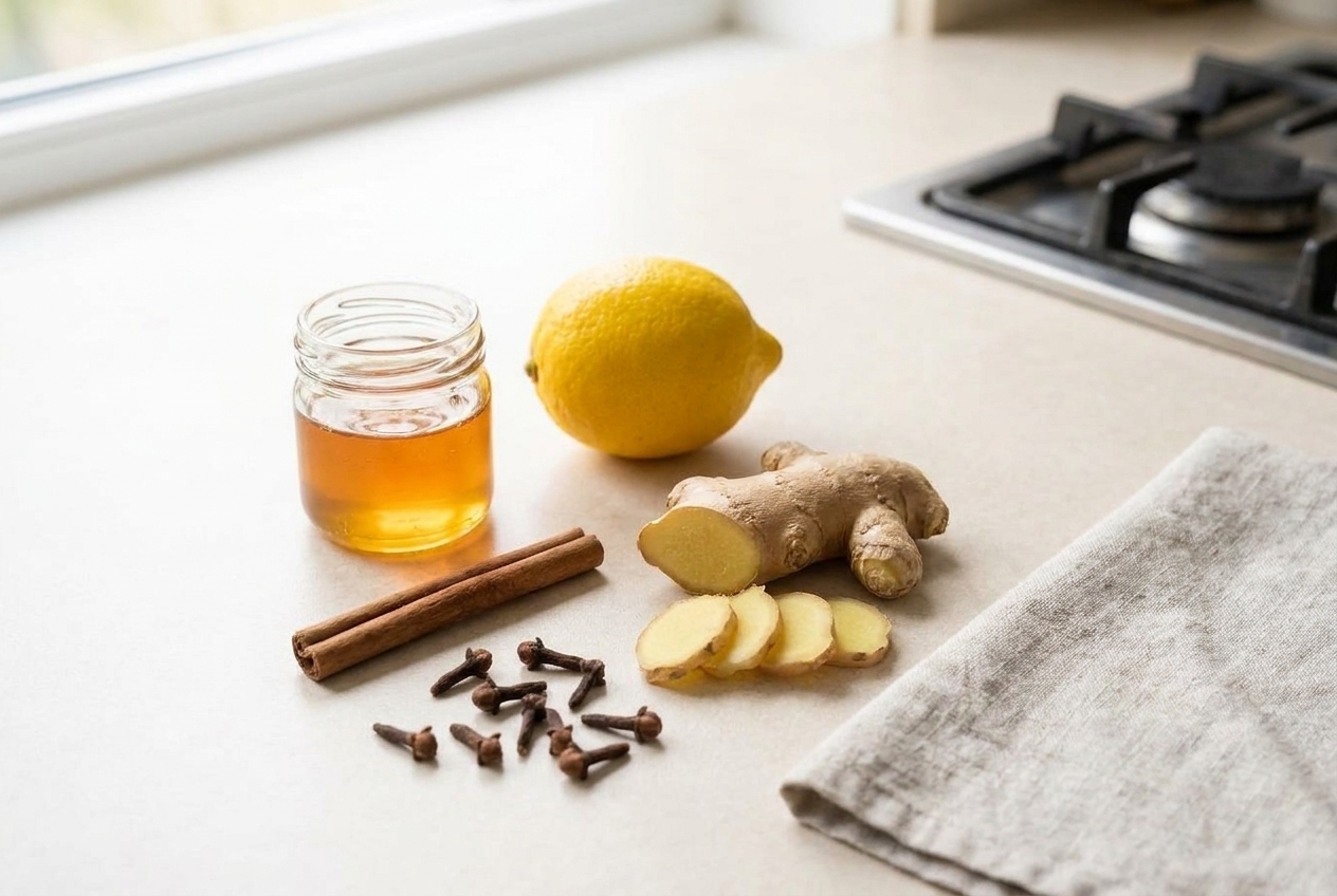 Whole cloves, a cinnamon stick, fresh ginger slices, a lemon, and a small jar of honey arranged on a clean kitchen counter