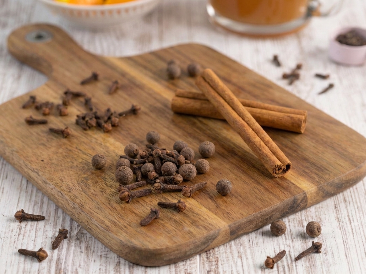 Whole cloves and allspice berries beside cinnamon sticks on a cutting board
