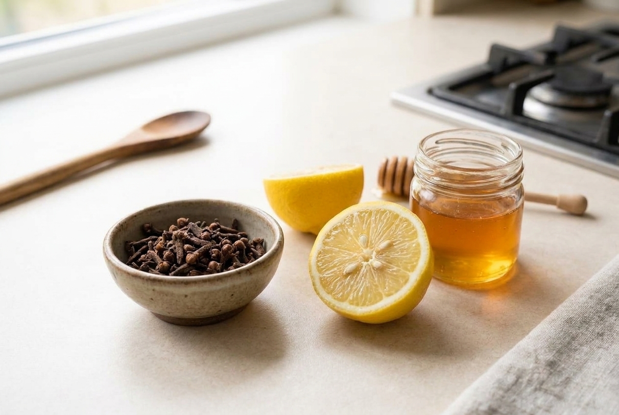 Whole cloves in a small bowl beside a halved lemon and a jar of honey on a light kitchen counter