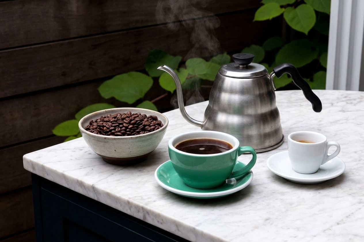 Whole coffee beans, a kettle of hot water, a mug, and a small cup for espresso arranged on a tidy kitchen counter in natural light