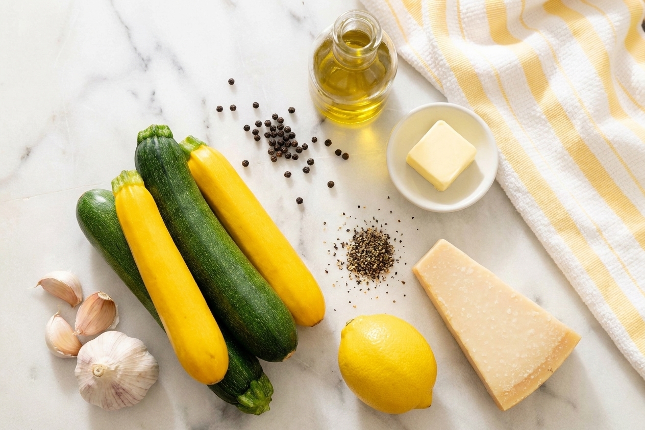 Whole courgettes, garlic cloves, a lemon, a wedge of Parmesan, olive oil, butter, and black pepper arranged on a counter