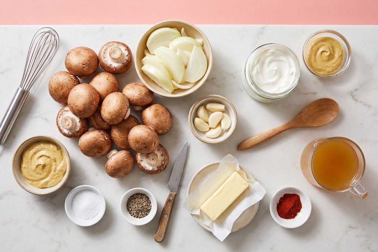 Whole cremini mushrooms, a sliced onion, garlic cloves, butter, sour cream, broth, Dijon mustard, and seasonings arranged on a light kitchen counter