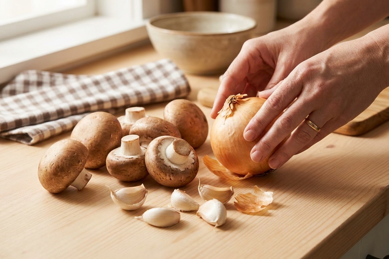 Whole cremini mushrooms, a yellow onion, and garlic cloves arranged on a clean kitchen counter in warm natural light