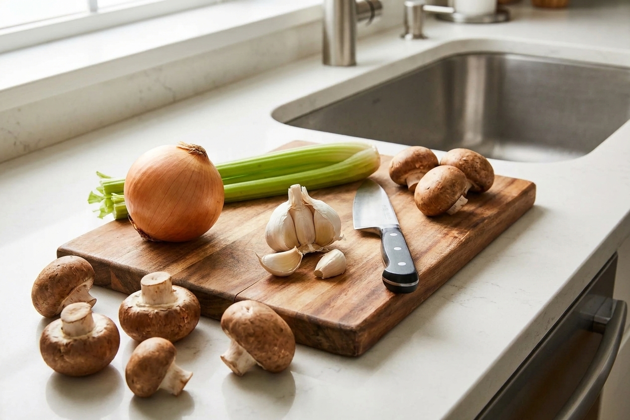 Whole cremini mushrooms, a yellow onion, celery, and garlic on a clean kitchen counter with a cutting board and knife, ready for soup prep