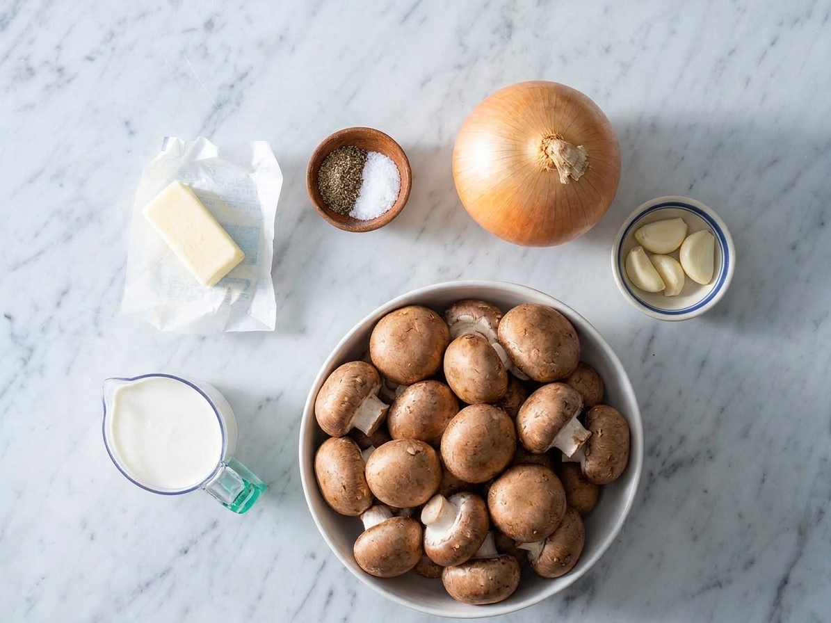 Whole cremini mushrooms, a yellow onion, garlic cloves, butter, and a small pitcher of cream arranged on a clean kitchen counter in soft daylight