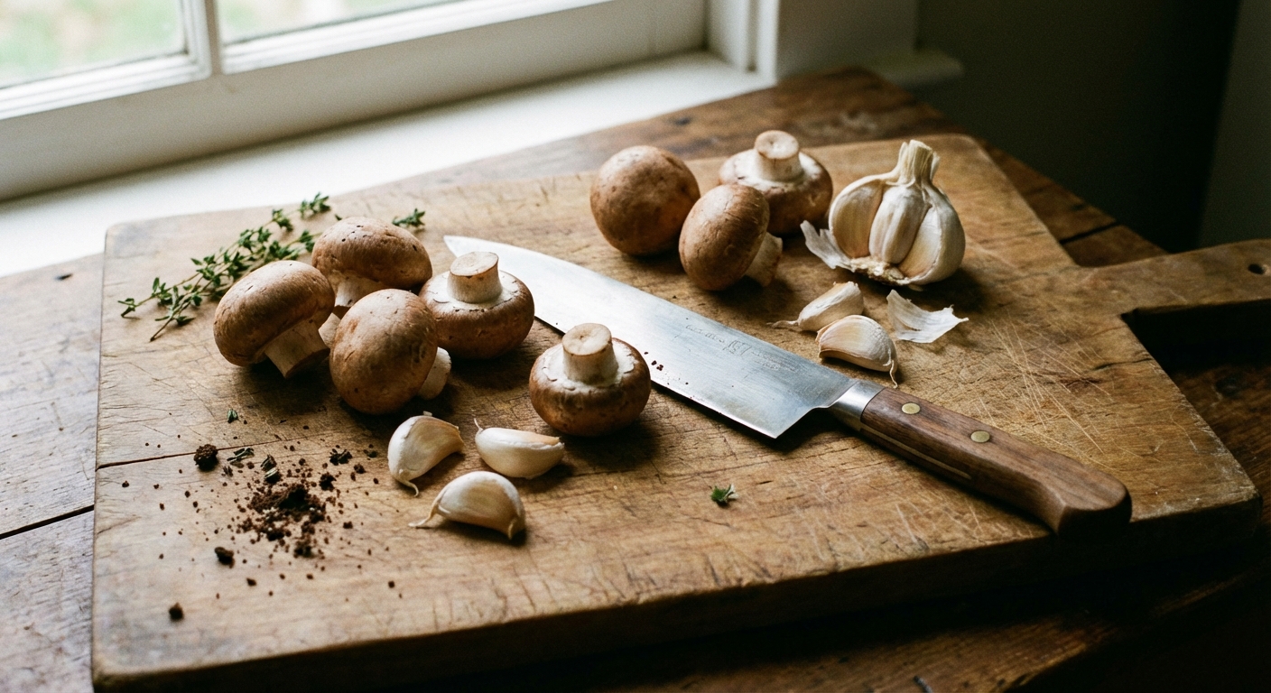 Whole cremini mushrooms and garlic cloves on a wooden cutting board with a knife