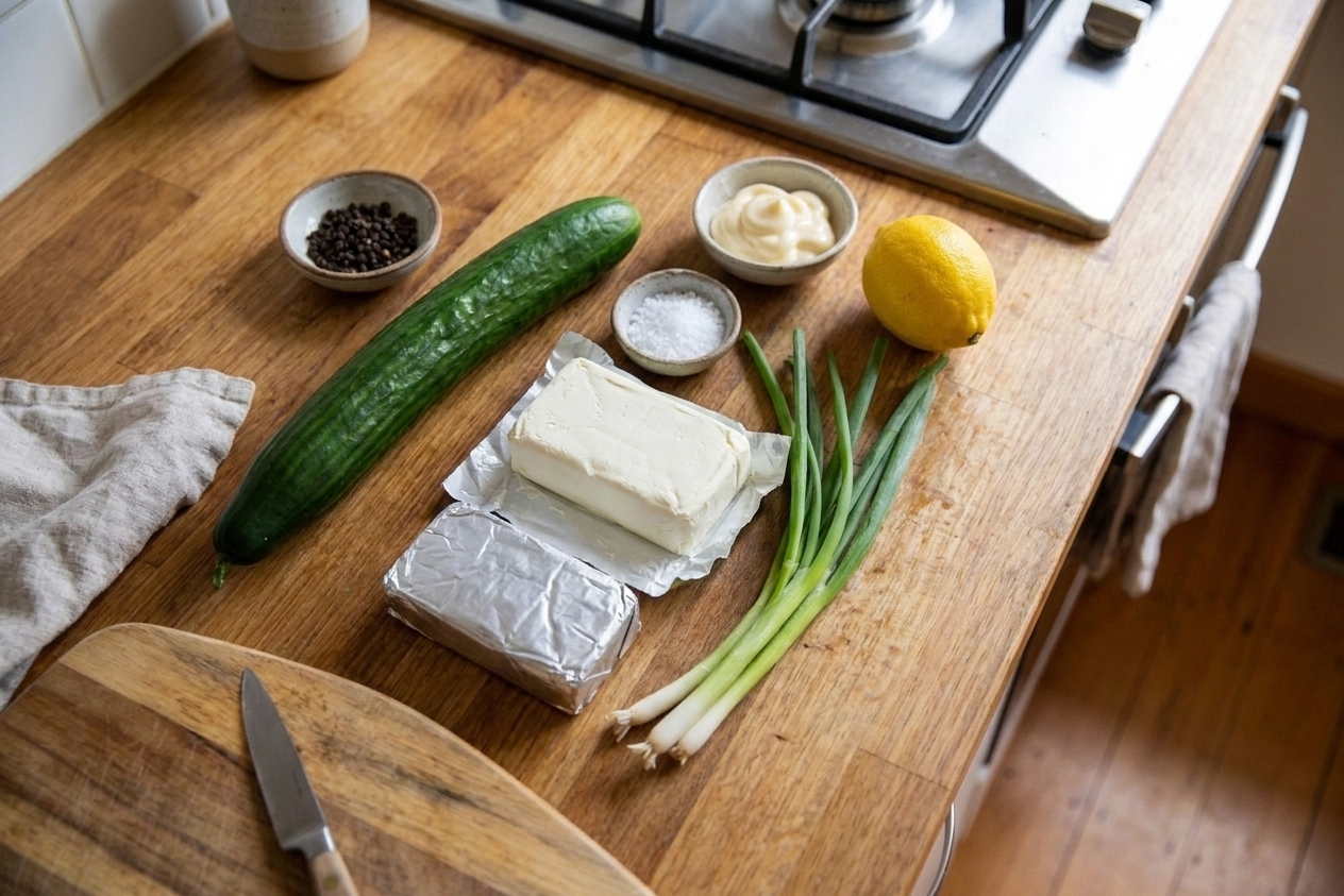 Whole cucumber, blocks of cream cheese, green onions, lemon, salt, pepper, and a small bowl of mayonnaise arranged on a clean kitchen counter in even daylight
