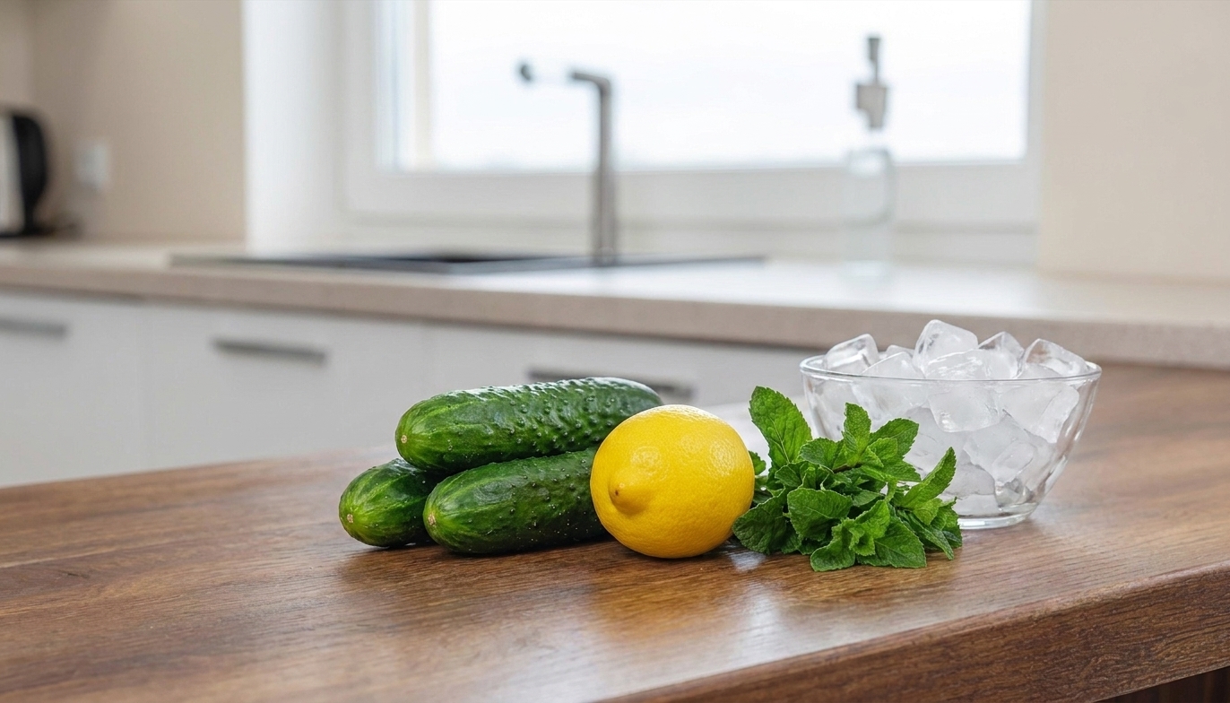 Whole cucumbers, a lemon, fresh mint, and a bowl of ice arranged on a light-colored kitchen counter