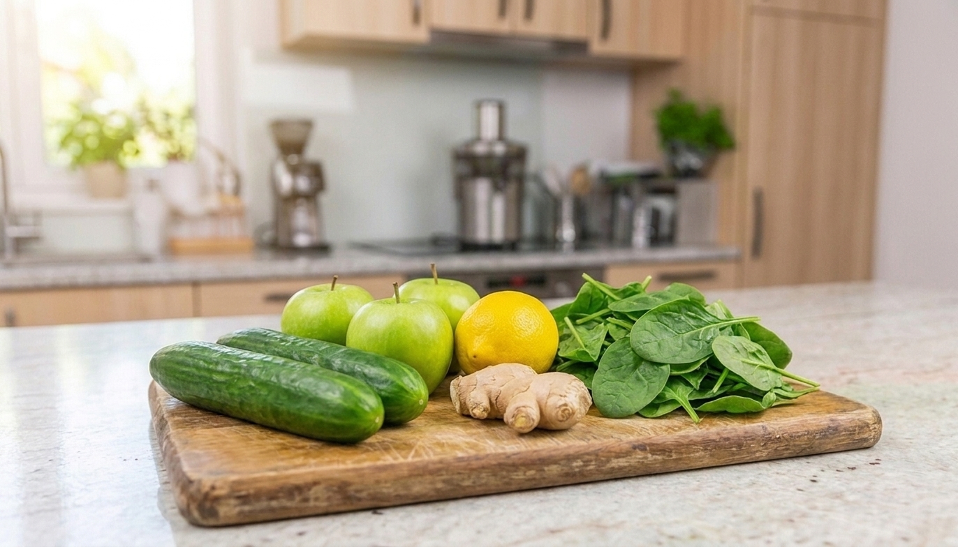 Whole cucumbers, green apples, a lemon, a knob of ginger, and a pile of fresh spinach arranged on a clean cutting board on a bright kitchen counter