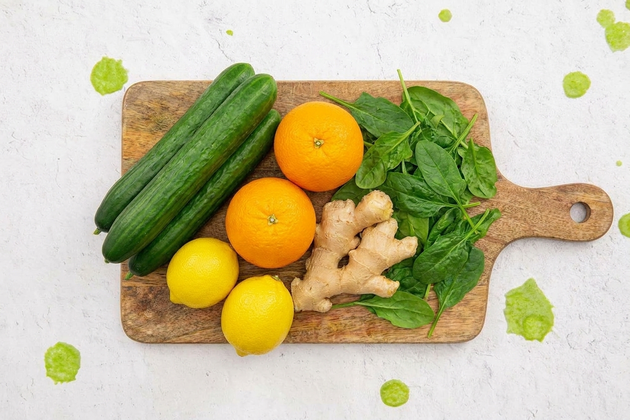 Whole cucumbers, oranges, lemons, fresh ginger, and a handful of spinach arranged on a wooden cutting board on a kitchen counter