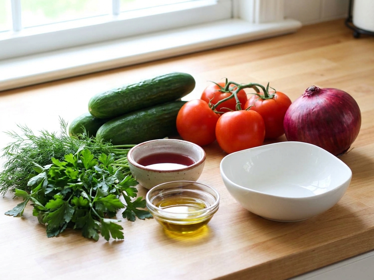Whole cucumbers, ripe tomatoes, a red onion, fresh herbs, and small bowls of vinegar and olive oil arranged on a clean kitchen counter in soft daylight
