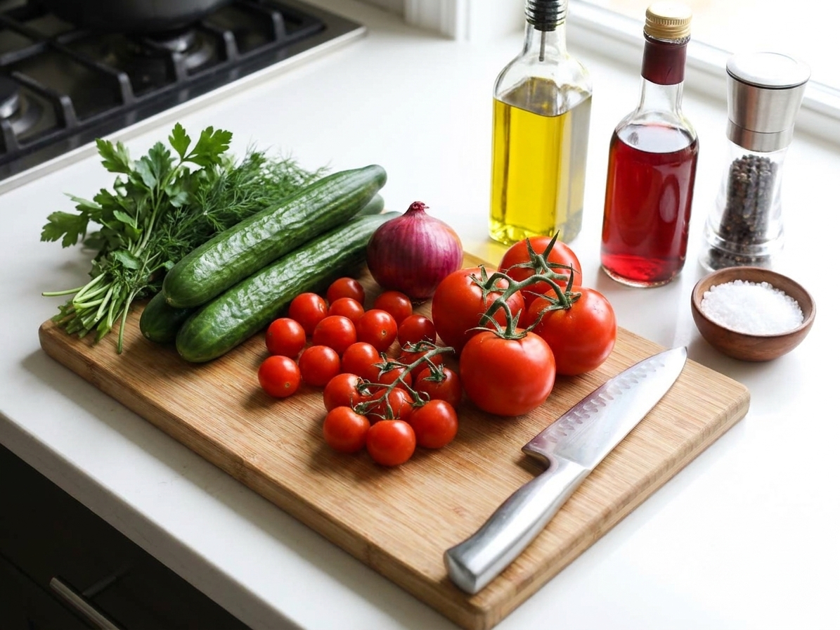 Whole cucumbers, ripe tomatoes, a small red onion, fresh herbs, olive oil, red wine vinegar, salt, and pepper arranged on a clean kitchen counter