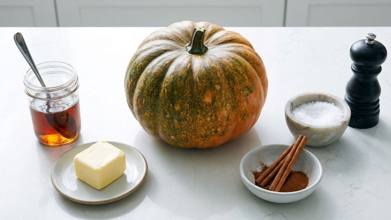 Whole custard squash, maple syrup, butter, cinnamon, salt, and black pepper arranged on a bright kitchen counter
