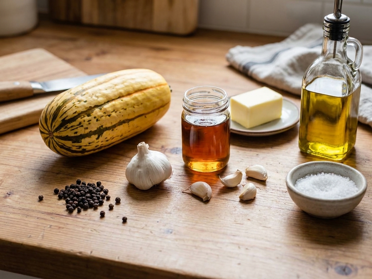 Whole delicata squash, peppercorns, garlic, maple syrup, butter, olive oil, and salt arranged on a bright kitchen counter