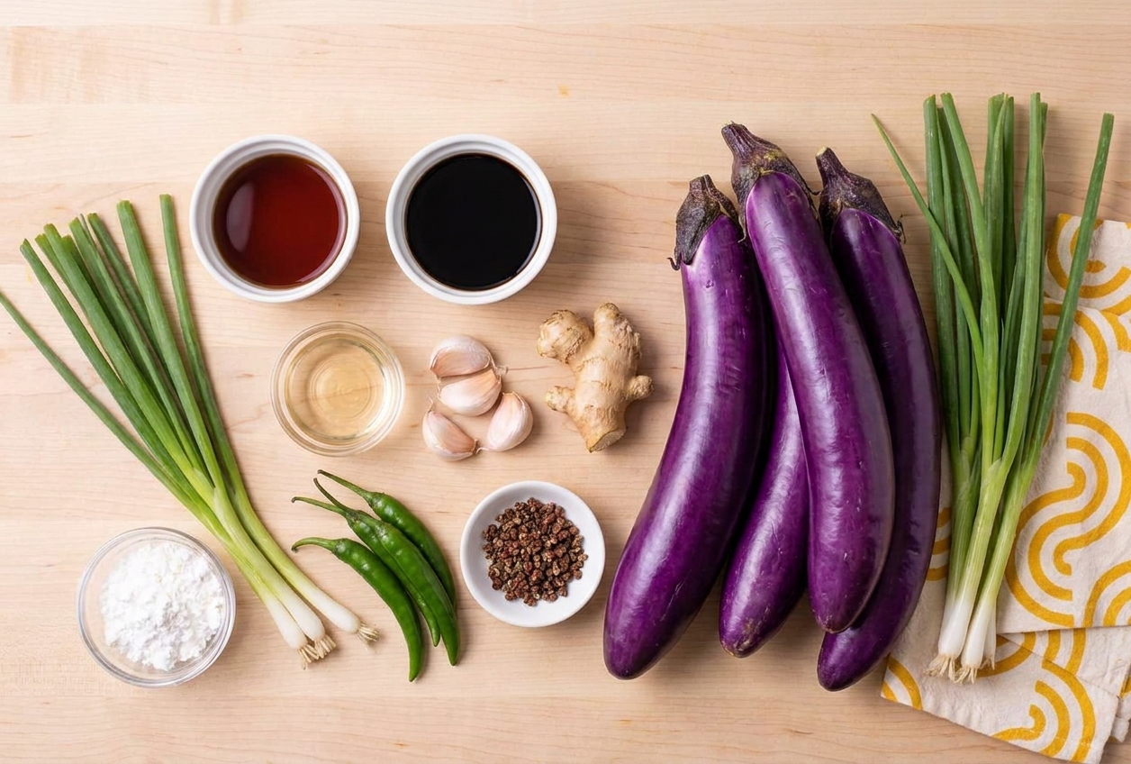 Whole eggplants, garlic, ginger, green chilies, spring onions, soy sauce, vinegar, cornstarch, and spices arranged on a clean kitchen counter