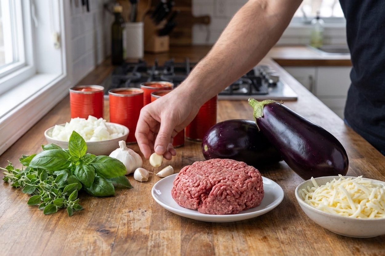 Whole eggplants, ground beef, canned tomatoes, onion, garlic, herbs, and shredded mozzarella arranged on a home kitchen counter