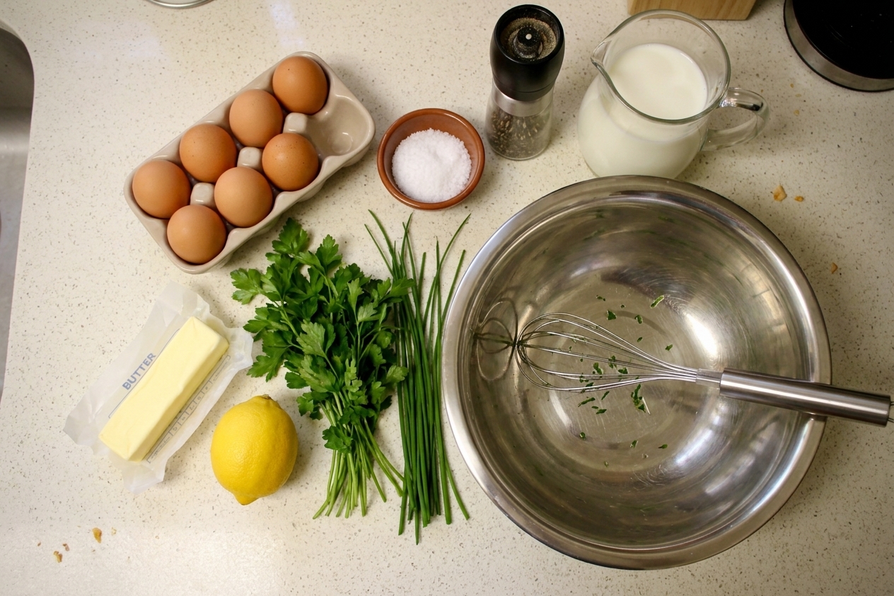 Whole eggs, butter, lemon, herbs, salt, pepper, and milk laid out on a clean kitchen counter with a whisk and bowl nearby