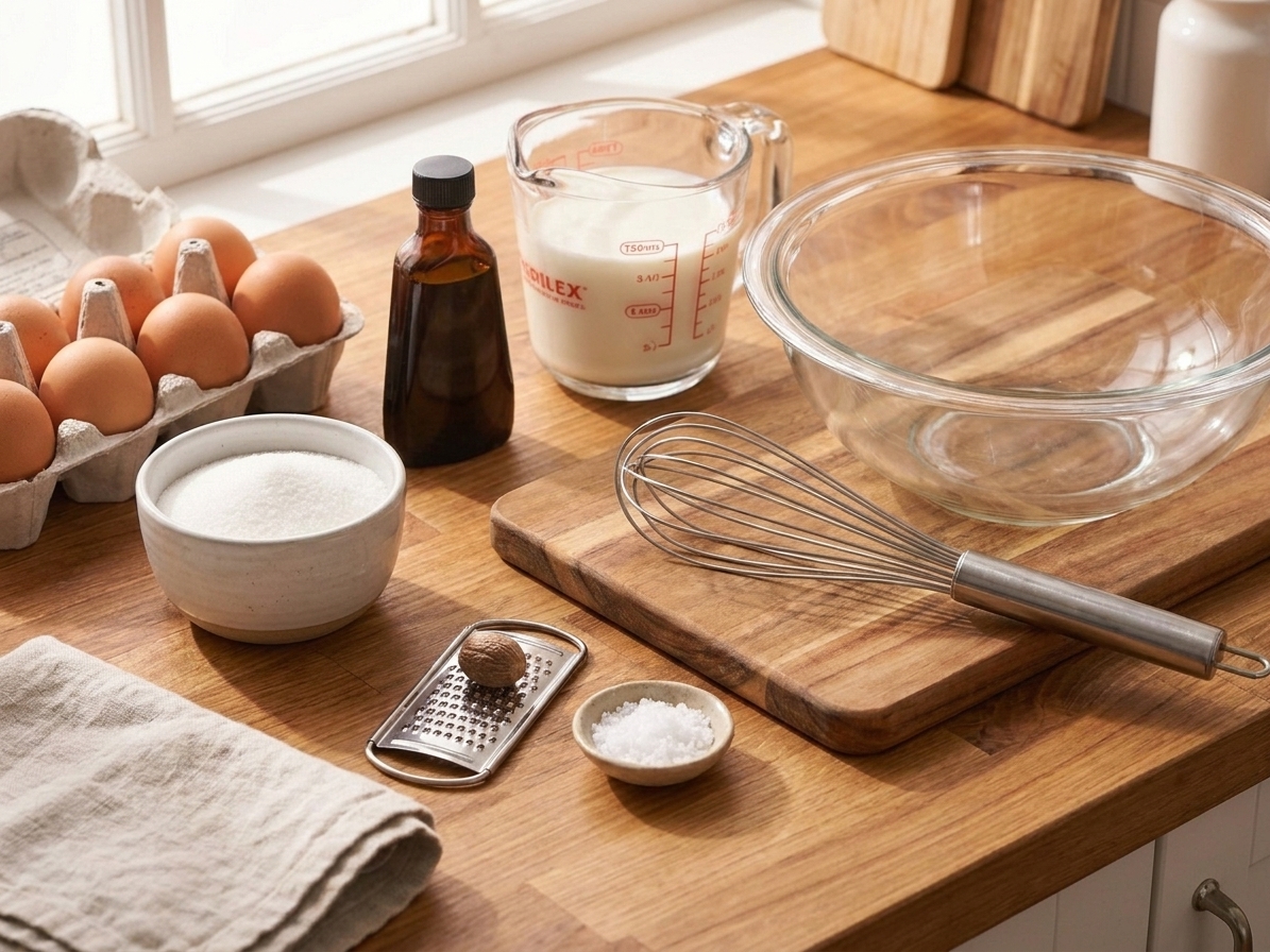 Whole eggs, sugar, vanilla extract, milk, nutmeg, and salt measured on a tidy kitchen counter with a whisk and mixing bowl, warm natural light