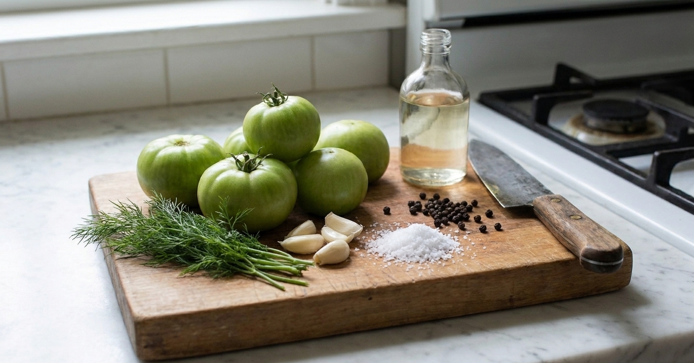 Whole firm green tomatoes alongside fresh dill, garlic cloves, vinegar, salt, and peppercorns arranged on a wooden cutting board