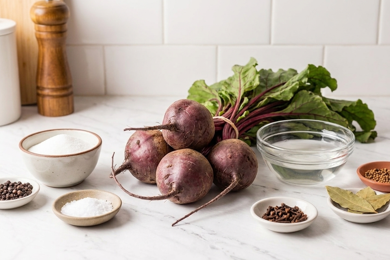 Whole fresh beets, a bowl of vinegar, sugar, salt, and small dishes of pickling spices arranged on a clean kitchen counter