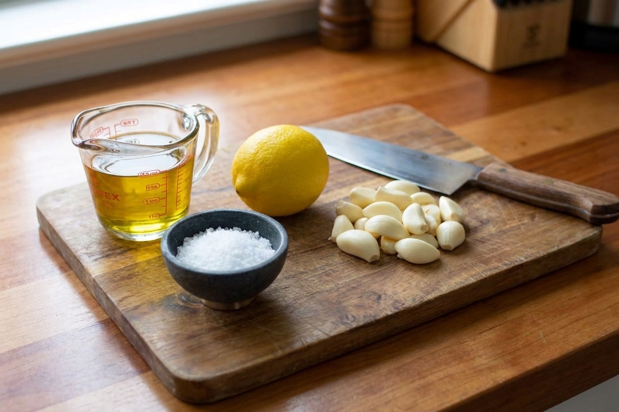 Whole garlic cloves, a lemon, a small bowl of salt, and a measuring cup of neutral oil arranged on a clean kitchen counter