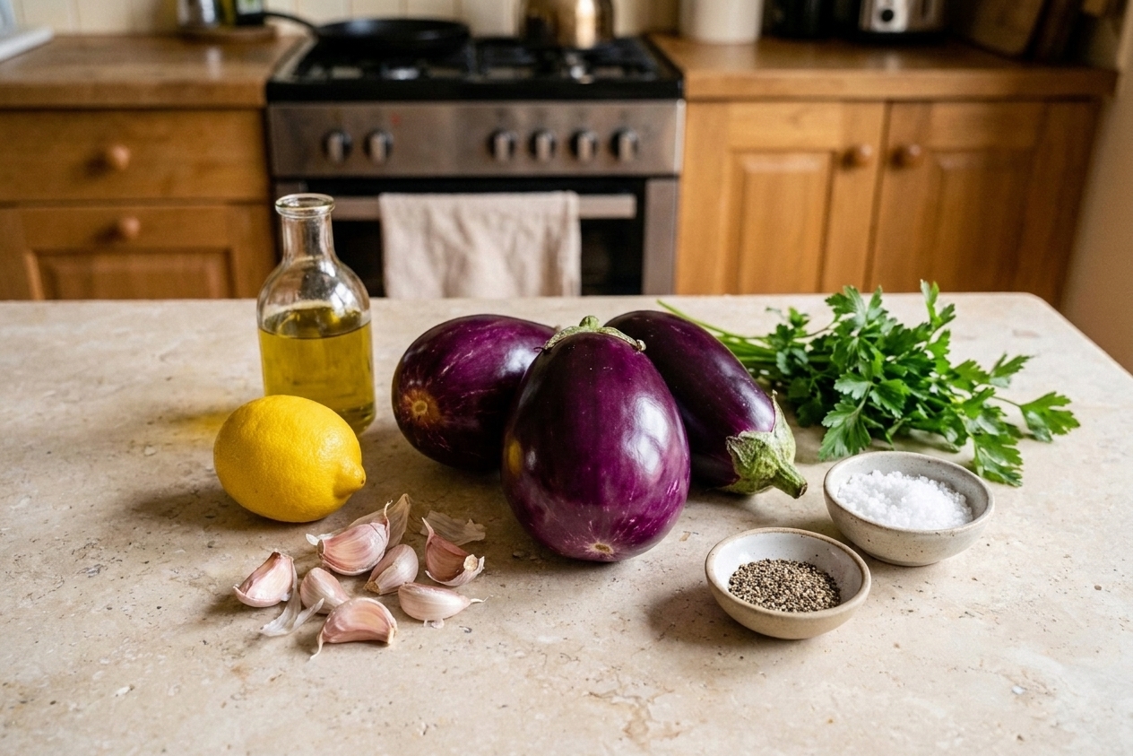 Whole globe eggplants, a lemon, garlic cloves, olive oil, salt, pepper, and fresh parsley arranged on a light stone kitchen counter
